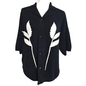 Topman Cardigan Sweater Mens S Oversized Black with White Textured Leaf Button D